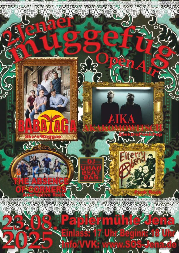 Das 2. Muggefug Open Air steigt am 23.08.2025 in Jena! Mit Bands aus Ska, Punk & Elektro. Jetzt Tickets sichern und dabei sein bei der Sommerparty an der Papiermühle. Gfx. FB Eventbanner Muggefug Open Air Jena