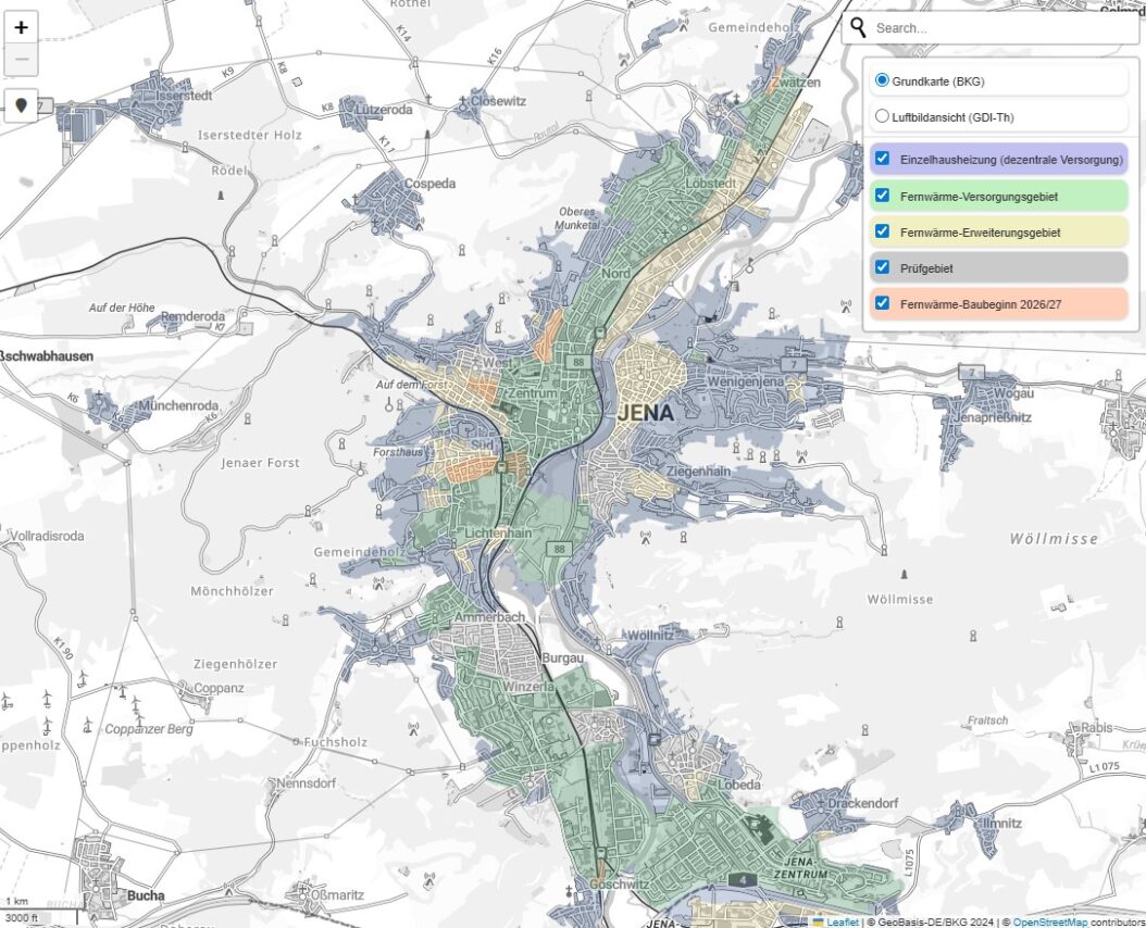 Auf einer digitalen Karte unter www.stadtwerke-jena.de/kwp-jena ist ersichtlich, in welchen Stadtgebieten der Fernwärmeausbau in Jena starten soll. Dort können sich Hauseigentümer informieren und ihr Interesse an einem Fernwärmeanschluss bekunden. Gfx. Stadtwerke Jena