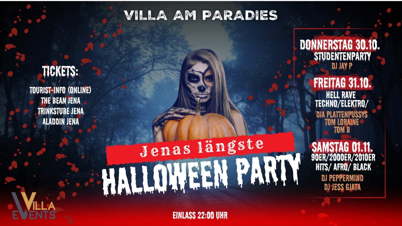 Erlebe Jenas längste Halloween Party 2025: Drei Nächte voller Musik, DJs und Wahnsinn in der Villa am Paradies. Gfx. Villa am Paradies Erlebe Jenas längste Halloween Party 2025: Drei Nächte voller Musik, DJs und Wahnsinn in der Villa am Paradies. Gfx. Villa am Paradies