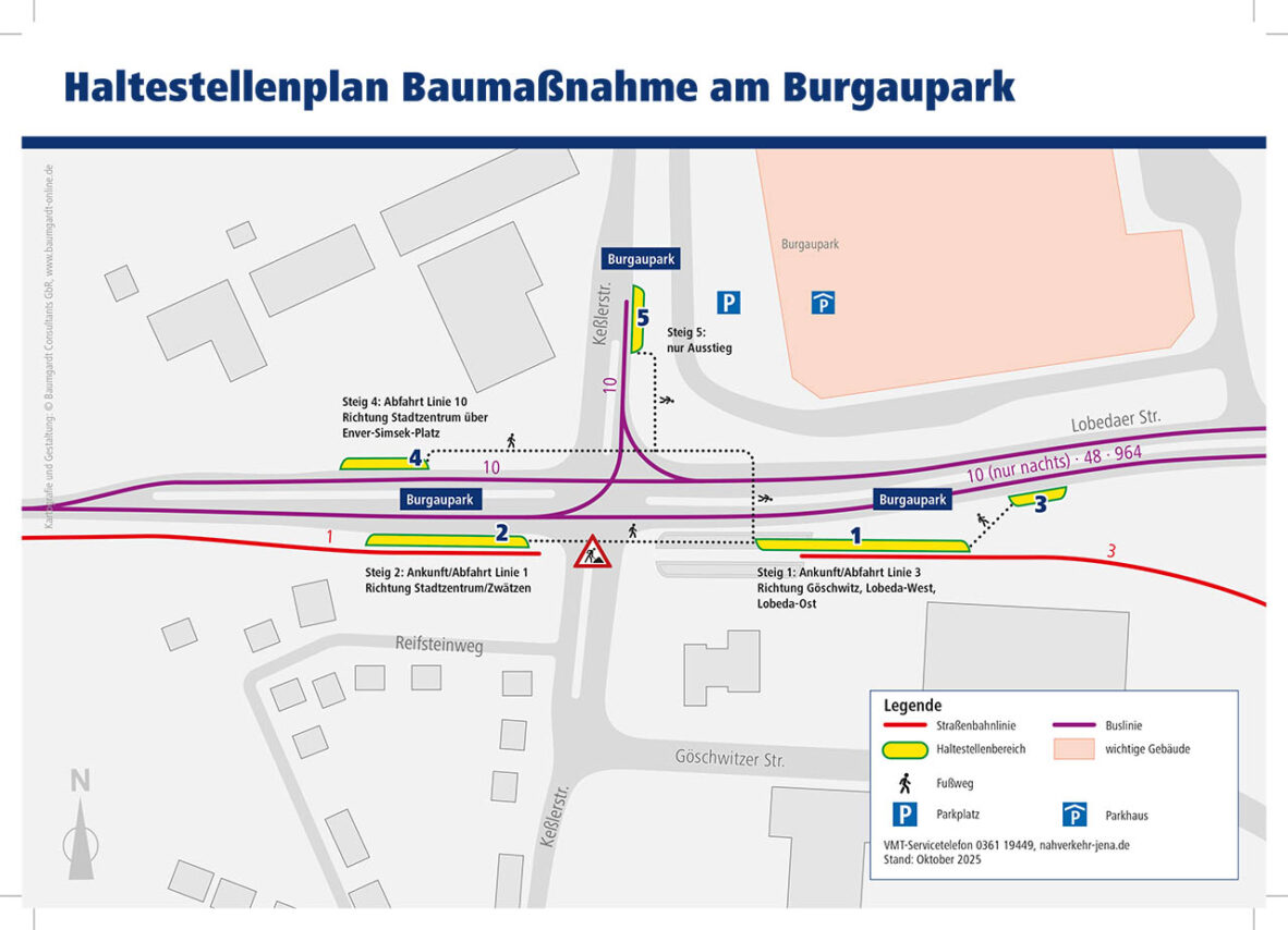 Aufgrund von Gleisbauarbeiten in der Keßlerstraße muss ab 18. Oktober der Straßenbahnverkehr im Bereich Burgaupark unterbrochen werden. Zum Umsteigen ist ein kurzer Fußweg nötig. Zum Baustart am Wochenende 18./19. Oktober ist aus bautechnologischen Gründen sogar ein noch längerer Fußweg erforderlich. Alle Informationen dazu finden sich unter www.stadtwerke-jena.de/gleisbau-burgau Grafik: Jenaer Nahverkehr